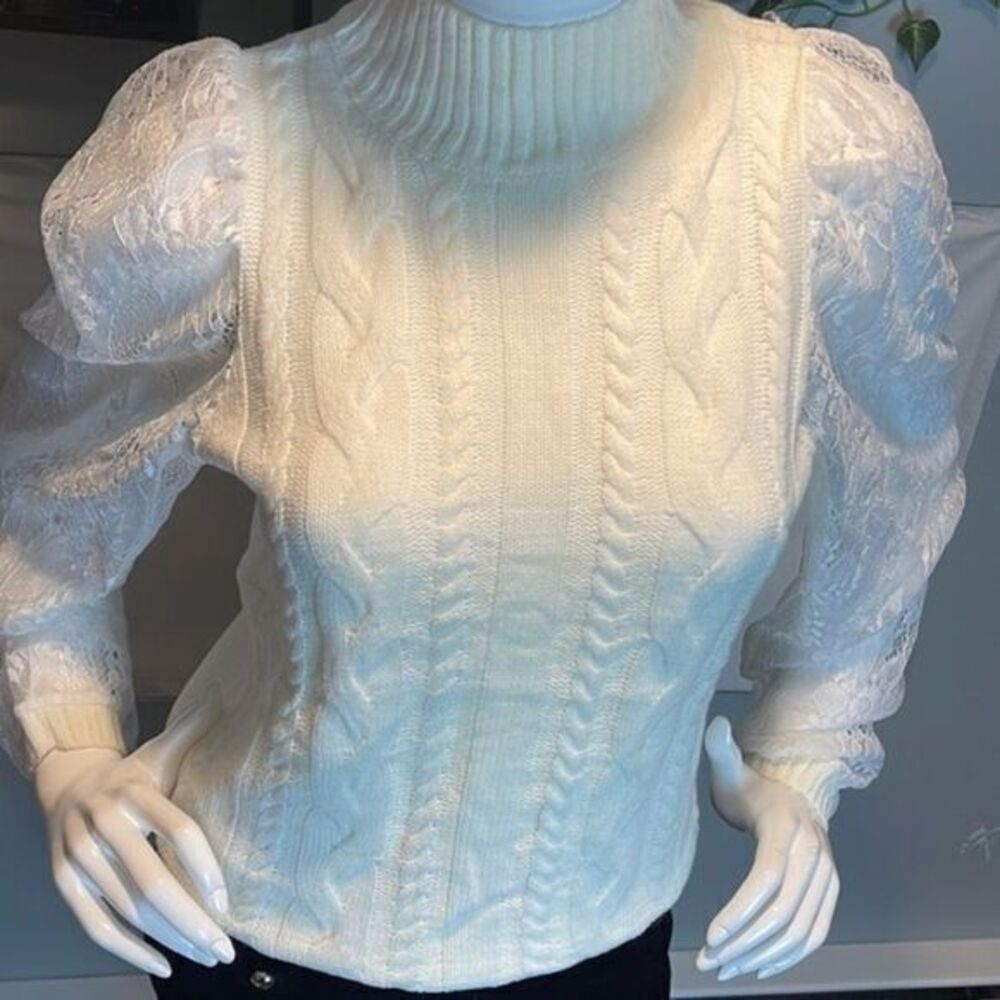 Zaful Mock Neck Cable Knit Lace Mesh Sleeve Ivory Sweater Size 4 - Picture 7 of 16